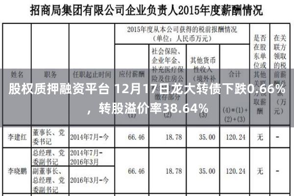 股权质押融资平台 12月17日龙大转债下跌0.66%，转股溢价率38.64%